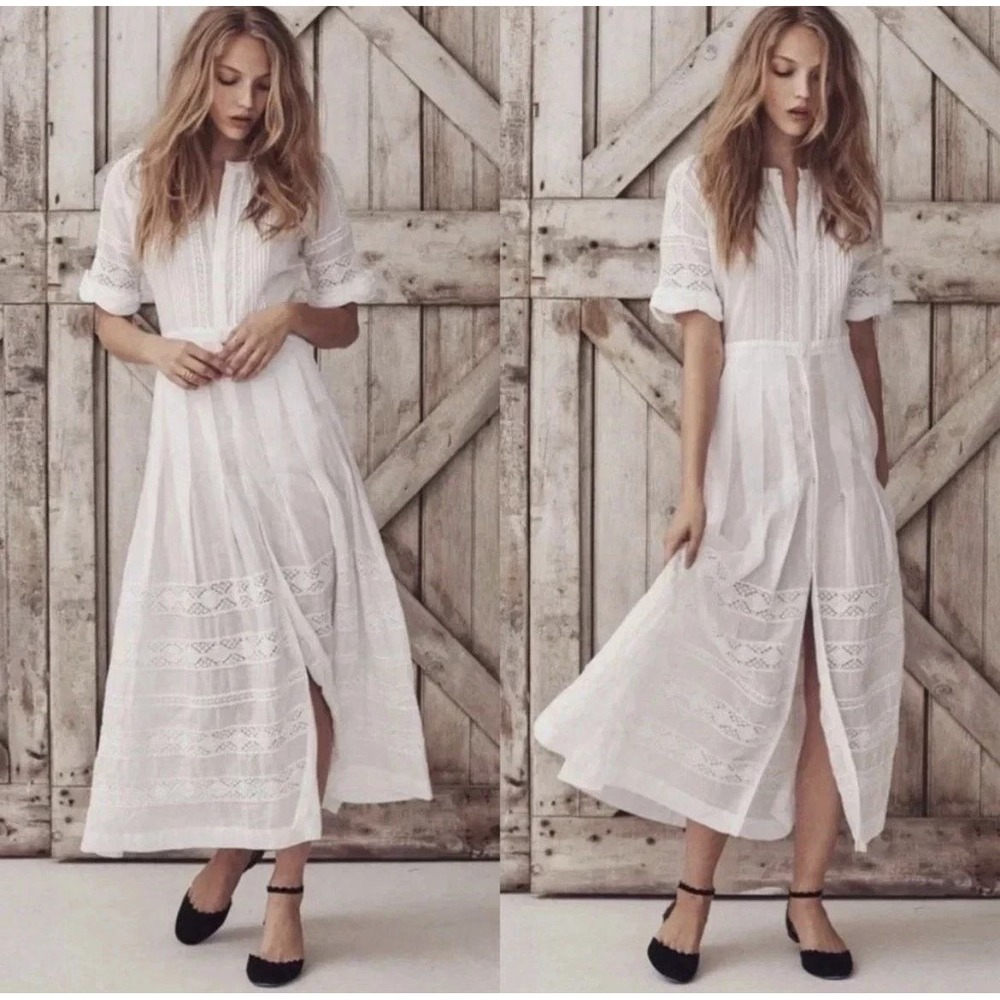 LoveShackFancy Edie Lace Short Sleeve Maxi Shirt Dress Small Cottagecore